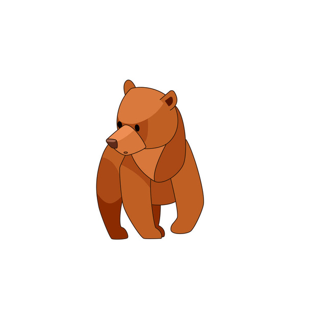 The bear cub walks around and looks around in surprise. Front view. Cartoon character of a baby mammal animal. A wild forest creature with brown fur. Vector flat illustration isolated on a white - Vector, Image