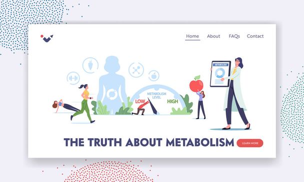 Plantilla de Landing Page de Truth about Metabolism. Pequeños personajes en el enorme cuerpo con el proceso de bioquímica del tracto digestivo - Vector, imagen