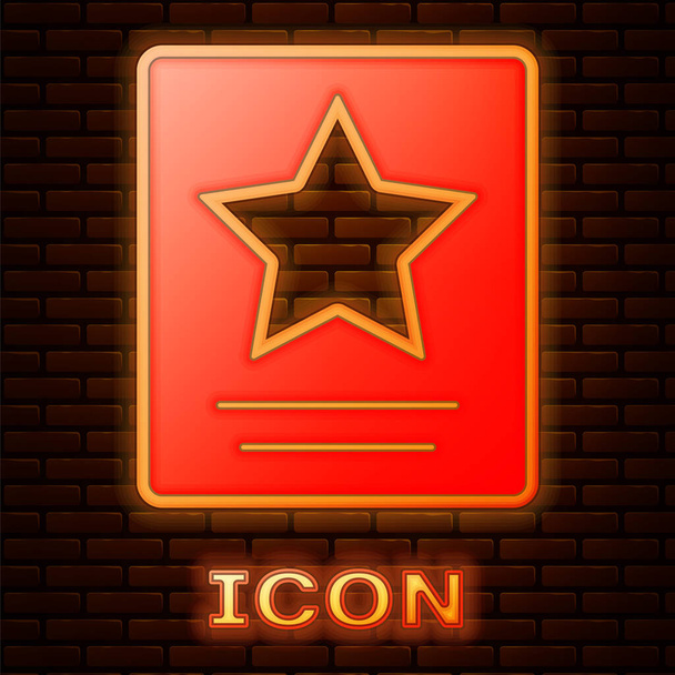 Glowing neon Hollywood walk of fame star on celebrity boulevard icon isolated on brick wall background. Famous sidewalk, boulevard actor. Vector - Vector, Image