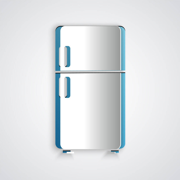 Icône de réfrigérateur de coupe de papier isolée sur fond gris. Réfrigérateur congélateur réfrigérateur. Technologie et appareils ménagers. Style art du papier. Vecteur - Vecteur, image