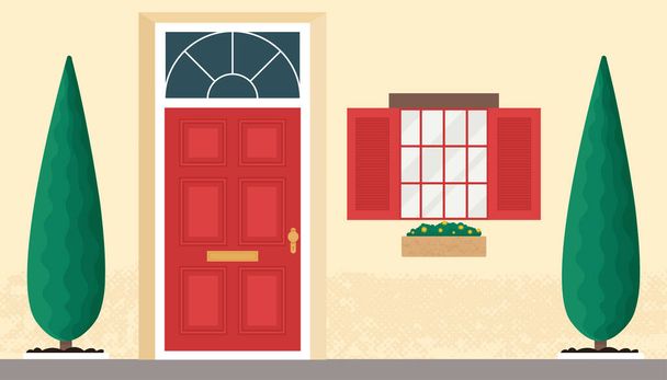 Front wooden door and window. Home old exterior in scandinavian, european, american style with plants and flowers in pots. Dwelling house facade. Flat design vector illustration - Vector, Image