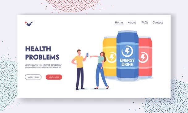 Health Problems Landing Page Template. Woman Shaming Man who Drinking Energy Drinks. Addicted Male Character - Vector, Image