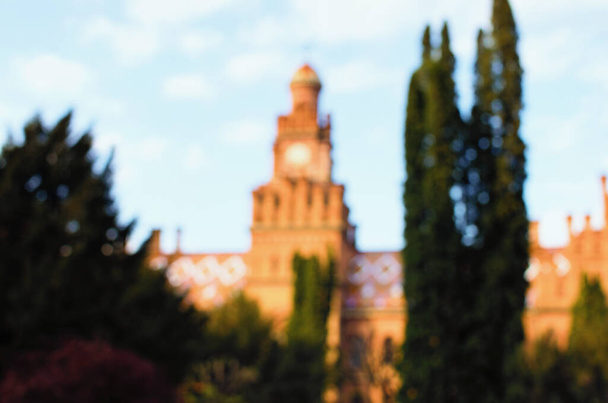 ブコビナとダルマチアの首都(チェルニフツィ国立大学)の住居の古代建築物の鮮やかなシルエット。要旨背景,ぼやけた背景. - 写真・画像
