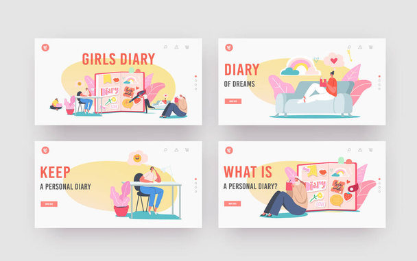 Шаблон сайта Girls Diary Landing Page Set. "Маленькие женские персонажи, пишущие воспоминания в блокноте". Подростковые ноты в блокноте - Вектор,изображение