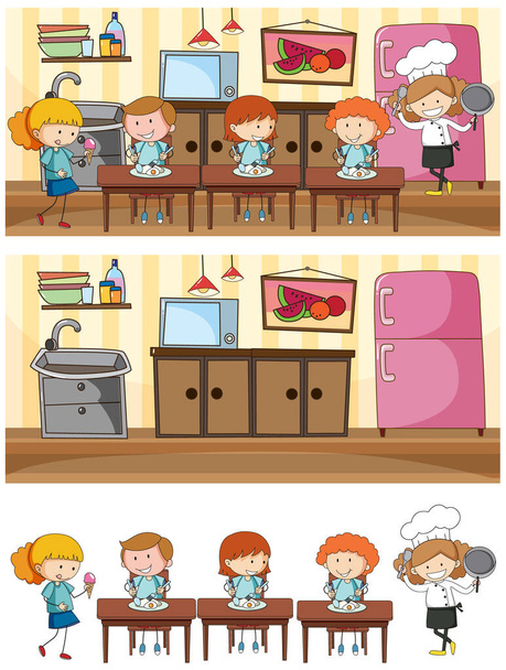 Ensemble de scène de cuisine avec de nombreux enfants gribouille illustration de personnage de dessin animé - Vecteur, image