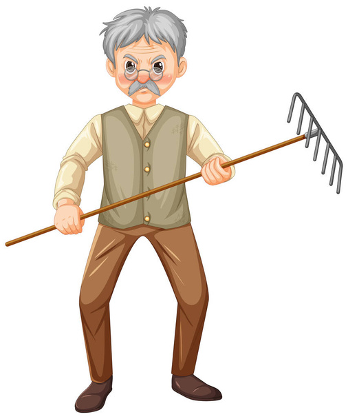 Старый крестьянин мультяшный персонаж держит граблями садовый инструмент иллюстрации - Вектор,изображение