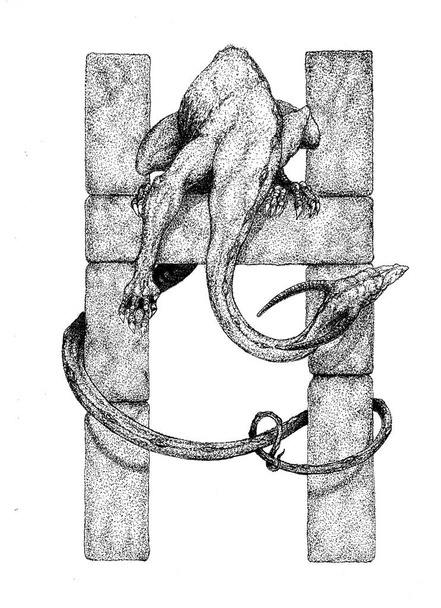 Дракон заворачивает хвост вокруг каменной буквы H. - Фото, изображение
