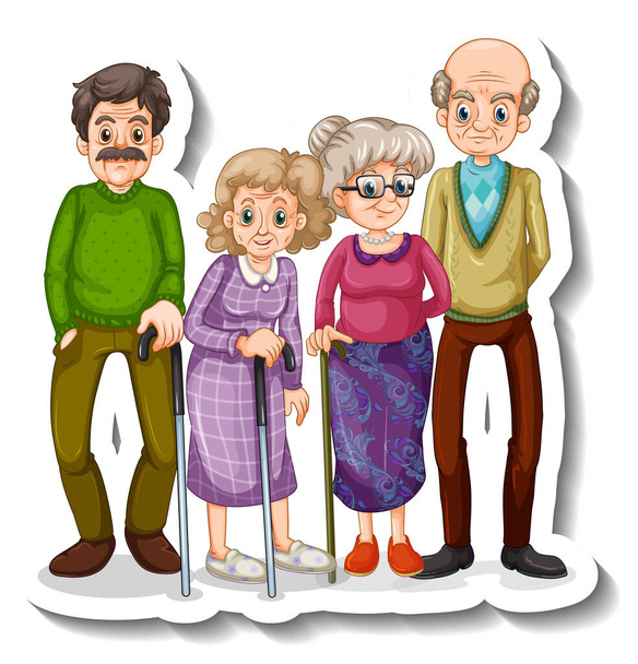 Um modelo de adesivo com ilustrações de personagens de desenhos animados de pessoas idosas - Vetor, Imagem