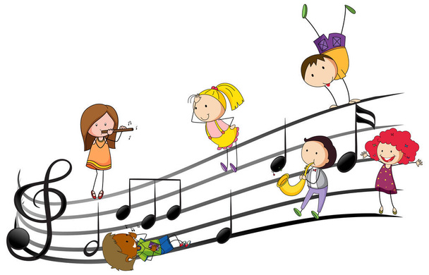 多くの子供の漫画のキャラクターイラストと音楽メロディー記号 - ベクター画像
