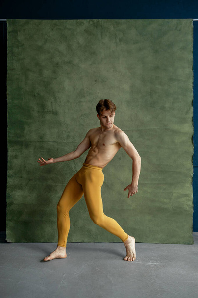 Male ballet dancer, training in dancing class, grunge wall on background. Performer with muscular body, elegance of movements - Photo, Image