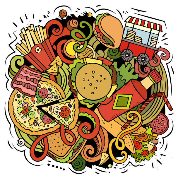 Fastfood handgezeichnete Raster-Doodles Illustration. - Foto, Bild