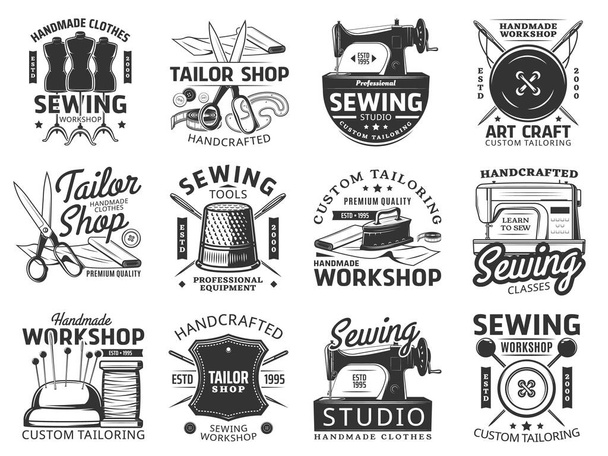 Sewing and tailor icons, vector emblems. Custom tailoring service and tools thimble, mannequin with scissors and vintage iron. Handmade workshop, fashion studio, dressmaker atelier retro labels set - Vettoriali, immagini