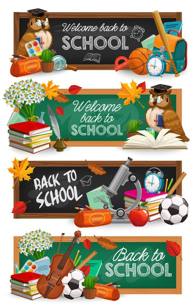 Πίσω στα πανό του πίνακα της σχολικής εκπαίδευσης. Cartoon διάνυσμα κουκουβάγια πουλί στο καπέλο, βιβλίο και σχολική τσάντα, ξυπνητήρι, λουλούδια μπουκέτο και ακουαρέλα χρώματα, μπάλες αθλητισμού, ρόπαλο του μπέιζμπολ και βιολί, κασετίνα μολύβι - Διάνυσμα, εικόνα