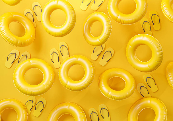 Fondo amarillo de verano. Chanclas y anillo de natación inflable Representación 3D - Foto, imagen