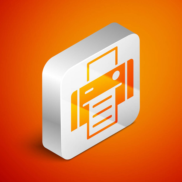 Isometrisches Druckersymbol isoliert auf orangefarbenem Hintergrund. Silberner quadratischer Knopf. Vektor - Vektor, Bild