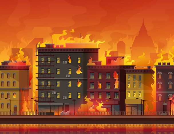 Fire in city, burning buildings on town street. Natural disaster or catastrophe, war conflict or climate changes cartoon vector background. Condominiums and skyscrapers in flames, firestorm in city - Vector, Image