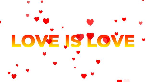 Love is love text with hearts on white background. LGBTQ pride month. Sexual minorities slogan for banners and posters. LGBT pride, gay, lesbians, transgendered - Photo, Image