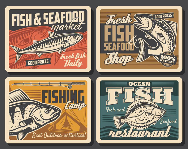 Fish and seafood, fishing sport vector design. Salmon, tuna and flounder, bass and mackerel, fisherman catch retro posters with fishing rod, spinning reel, lure and bait, camp tent and water wave - Вектор, зображення