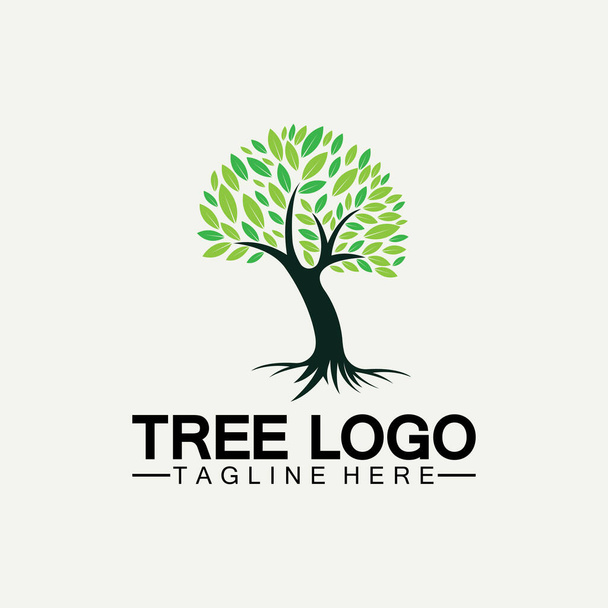 Обозначение векторной иллюстрации иконки логотипа дерева. Векторный силуэт шаблонов дерева с логотипом дерева и иллюстрацией дизайна корней жизни - Вектор,изображение