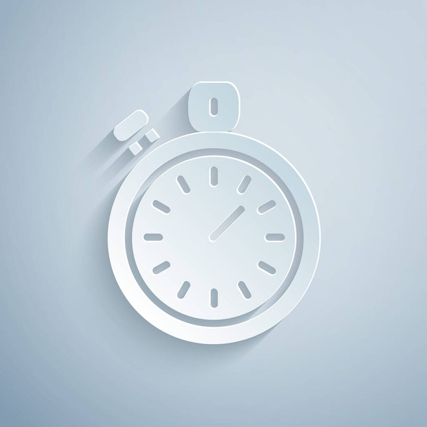 Papírvágás Stopwatch ikon elszigetelt szürke háttér. Időzítő jel. Kronométer jel. Papírművészeti stílus. Vektor - Vektor, kép