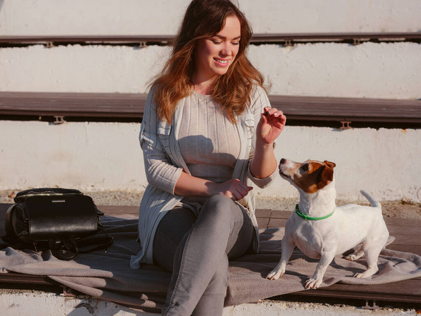 Young woman with her cute Jack Russell Terrier outdoor. Lovely pet. A pleasant spring evening in a happy walk - 写真・画像