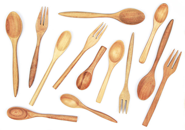 Wooden fork and spoon natural wood color collection - Foto, Imagen