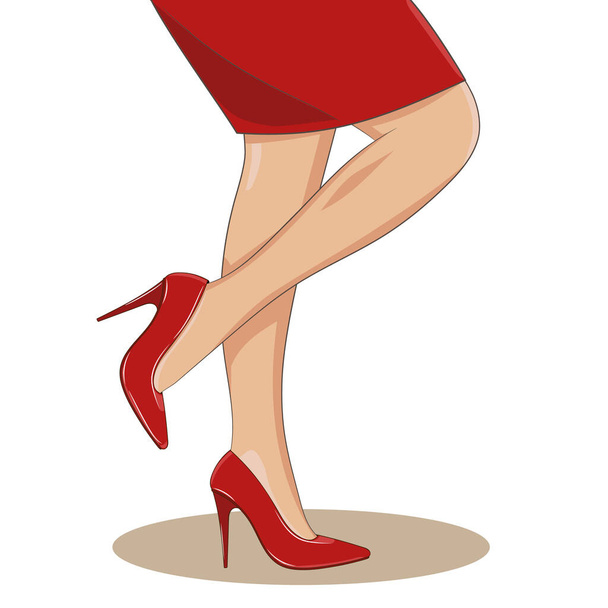 Slender female legs with red fashionable shoes and skirt on, side view, standing. High spike heels, pointed toecaps. Vector illustration isolated. Cartoon style. Feminine, glamour or medicine concept. - ベクター画像