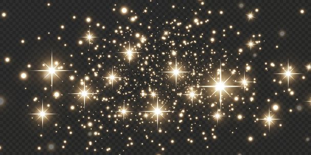 Goldglitzernder Staub mit goldglitzernden Sternen auf transparentem Hintergrund. Glitzernde Textur. Weihnachtseffekt für Luxus-Grußkarte.  - Vektor, Bild