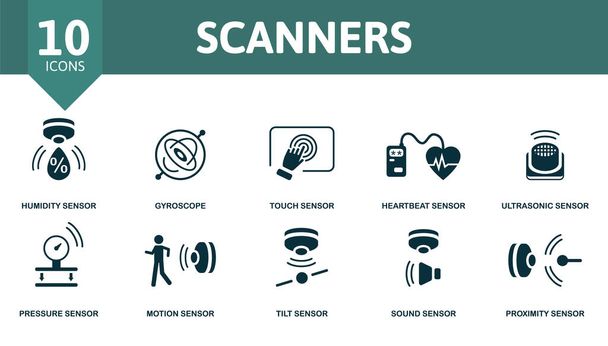 Escáneres conjunto de iconos. Contiene iconos editables tema del sensor como sensor de humedad, sensor táctil, sensor ultrasónico y más. - Vector, imagen