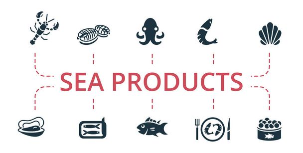 Набір піктограм Sea Products. Містить змінені піктограми теми морепродуктів, такі як рибний стейк, устриця, тунець тощо
. - Вектор, зображення