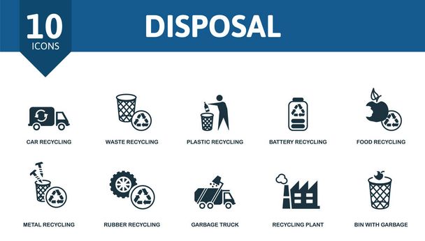 Disposal icon set. Contains editable icons recycling theme such as car recycling, plastic recycling, food recycling and more. - Vector, Image