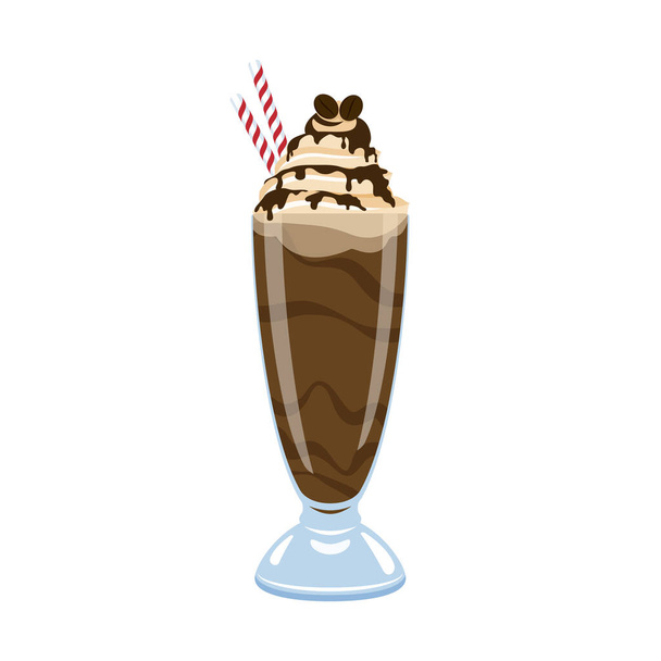 Schoko-Milchshake mit Kakao-Belag und Schlagsahne. Eiskaffeegetränk mit Schokoglasur. Glas mit Milchshake-Symbol isoliert auf weißem Hintergrund - Vektor, Bild