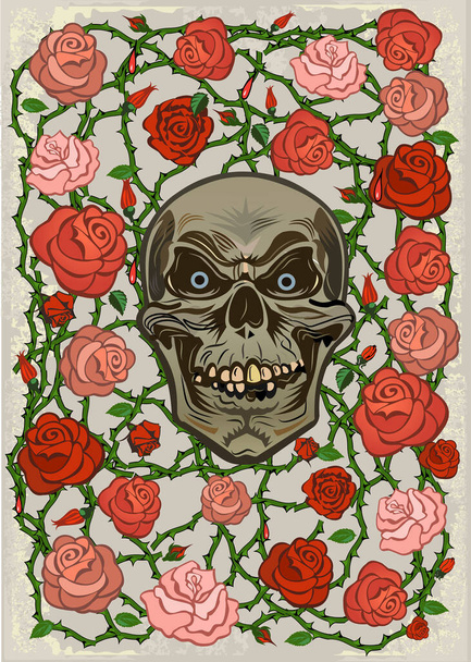 иллюстрация роз и черепа - Вектор,изображение