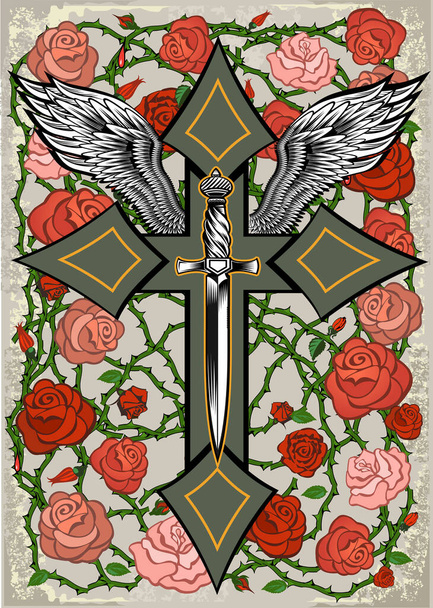 Τριαντάφυλλα και σταυρός με φτερά - Διάνυσμα, εικόνα