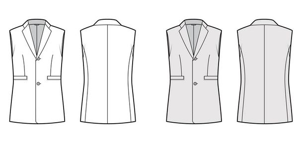 Sleeveless jacket lapelled vest waistcoat technical fashion illustration with notched collar, single breasted, pockets - Vector, Image