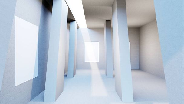 Індустріальний інтер'єрний шаблон тла абстрактний порожній з фоторамкою, сучасна бетонна кімната з непрямим освітленням справа, діагональний стовп і груба підлога. 3D рендерингу
 - Фото, зображення