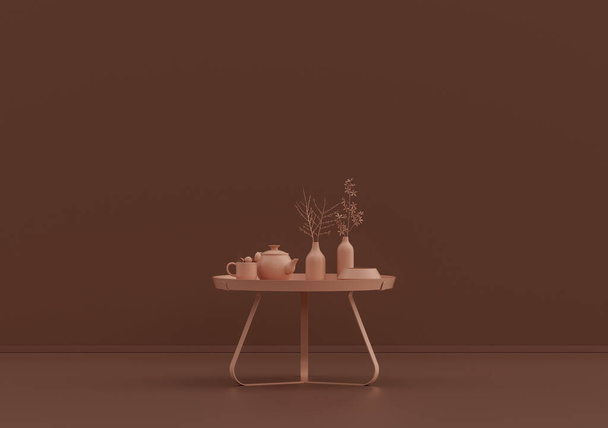 Single coffee table with teapot and tea cup, ornamental plants and vases in rosy brown room, monochrome single color, 3d Rendering, Empty room with copy space - Foto, imagen