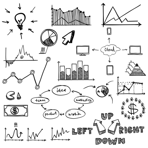 üzleti-pénzügyi doodle kézzel rajzolt elemek. koncepció - grafikon, diagram, pite, nyilak jelek - Vektor, kép