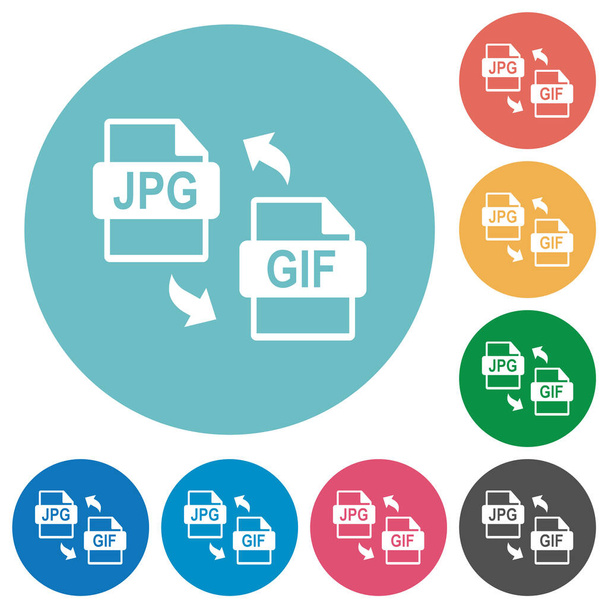 JPG GIF bestand conversie platte witte pictogrammen op ronde kleur achtergronden - Vector, afbeelding