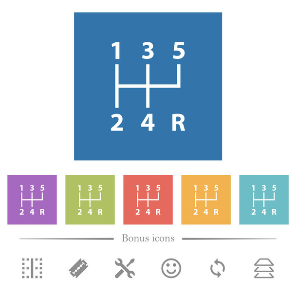 5 versnellingen manueel schakelen platte witte pictogrammen in vierkante achtergronden. 6 bonus symbolen opgenomen. - Vector, afbeelding