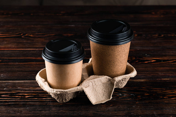 set eco glasses for hot coffee and tea take away, Eco takeaway glasses, Craft paper tableware. Recycling and plastic free concept. To go coffee cups - Zdjęcie, obraz