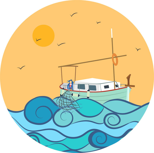 A sailboat with a fisherman pulling out the net full of fish in the middle of the sea - Vector, Image