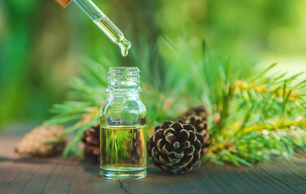 The essential oil was pine in a small bottle. Selective focus. Nature. - Photo, Image