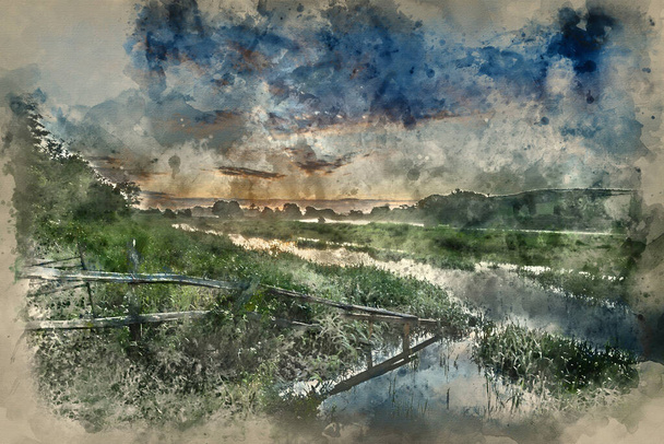 Malarstwo akwarelowe Oszałamiający żywy letni wschód słońca nad angielskim krajobrazem wsi  - Zdjęcie, obraz