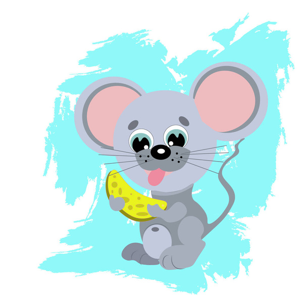 Un lindo cachorro de ratón gris sostiene un pedazo de queso amarillo en sus patas. Ilustración para niños, fondo, papel pintado, habitación, impresión, lindo, diseño, tarjeta postal del cartel, ropa de cama, para la ropa del bebé - Foto, Imagen