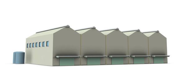 Внешний вид завода с треугольной крышей. 3D рендеринг. Белый фон.  - Фото, изображение