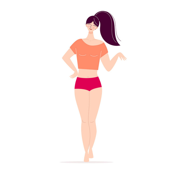 Dancing happy young woman. Disco, sports activity, fitness, movement. Love to yourself and your body. Illustration in flat style isolated on white background - Vektor, kép
