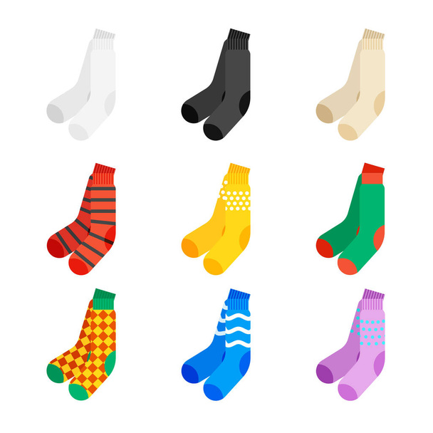 Set Socken in verschiedenen Farben und Mustern. Textildesign. Vektor-Illustration isoliert auf weißem Hintergrund. - Vektor, Bild