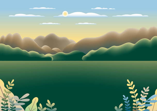 丘、平らなスタイルのデザインで山の風景です。美しいフィールド、草原、空、雲と太陽。谷の森、木と農村部の場所。緑のグラデーション。漫画の背景ベクトルイラスト - ベクター画像