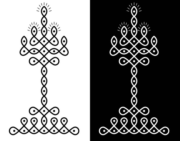 Indian Traditional and Cultural Rangoli or Kolam design concept of curved lines and decorated as lamps isolated on black and white background - vector illustration - Vektor, obrázek